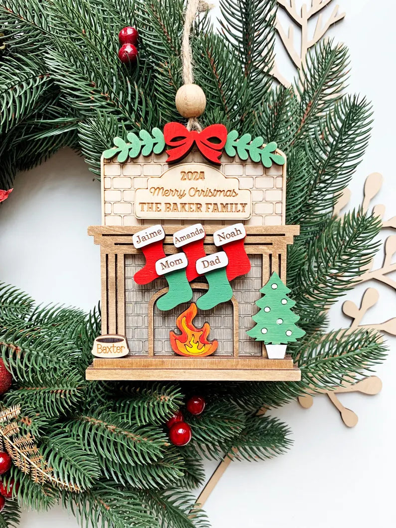 Family Christmas Fireplace Ornament – Personalized Stockings with 1-12 Names, Pet & Family Stocking Decoration