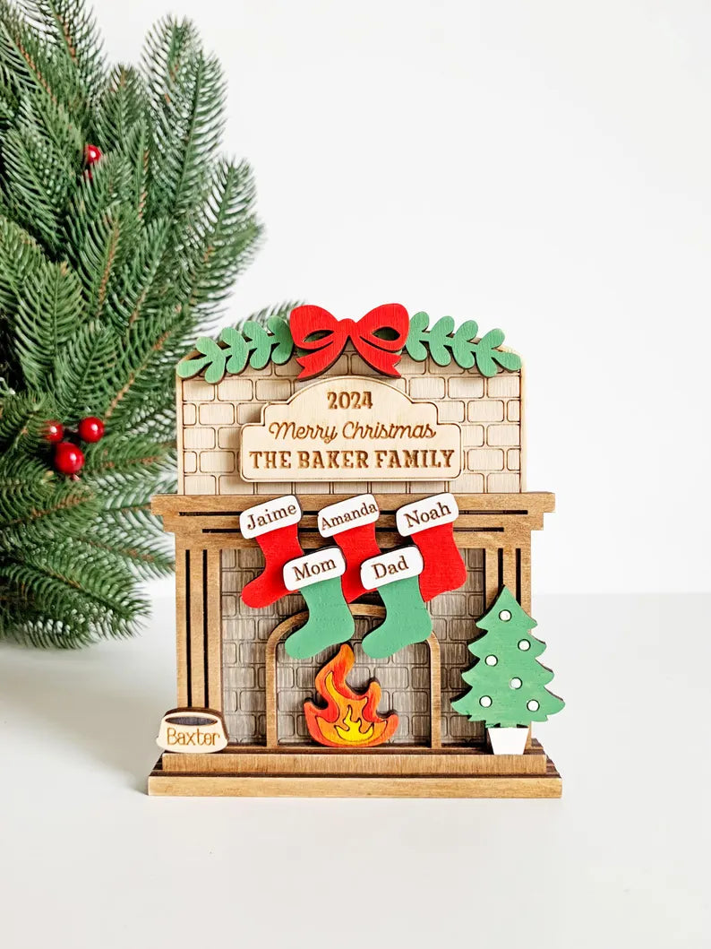 Family Christmas Fireplace Ornament – Personalized Stockings with 1-12 Names, Pet & Family Stocking Decoration