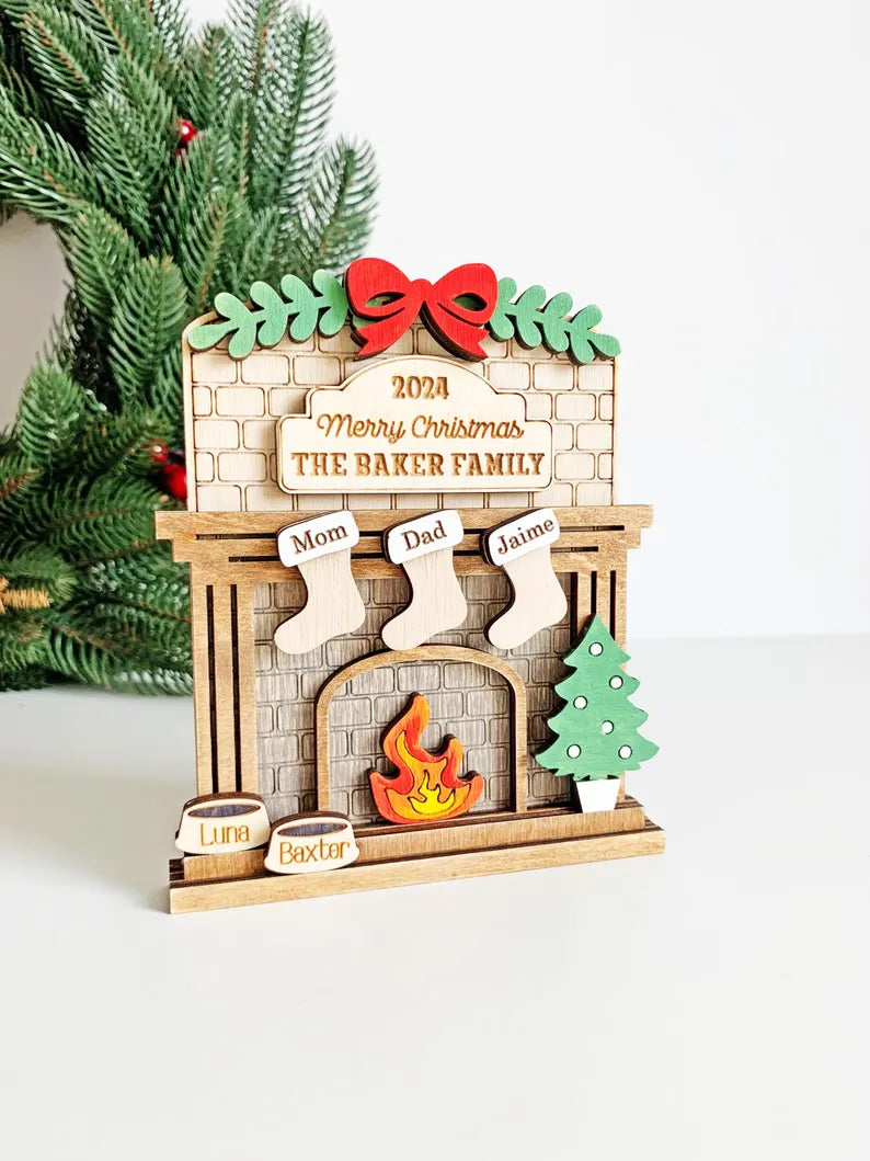 Family Christmas Fireplace Ornament – Personalized Stockings with 1-12 Names, Pet & Family Stocking Decoration