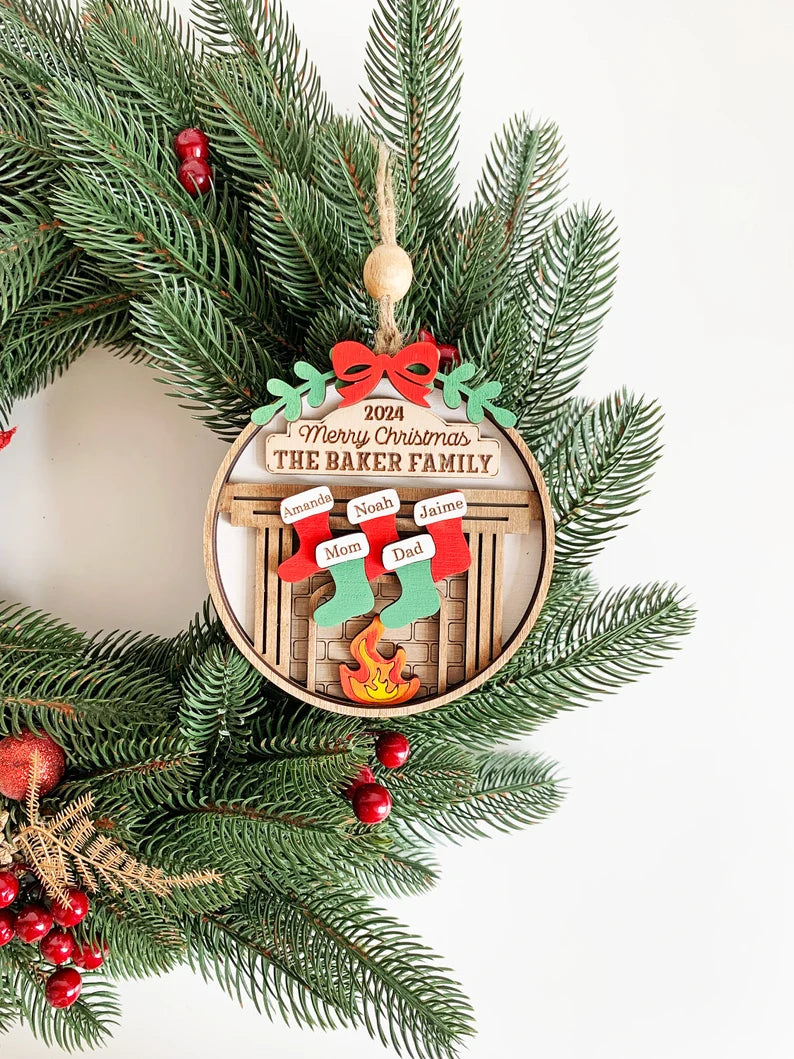 Personalized Family Christmas Ornament - Fireplace with Custom Name Stockings