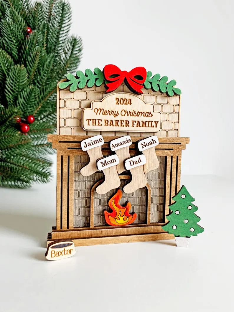 Family Christmas Fireplace Ornament – Personalized Stockings with 1-12 Names, Pet & Family Stocking Decoration