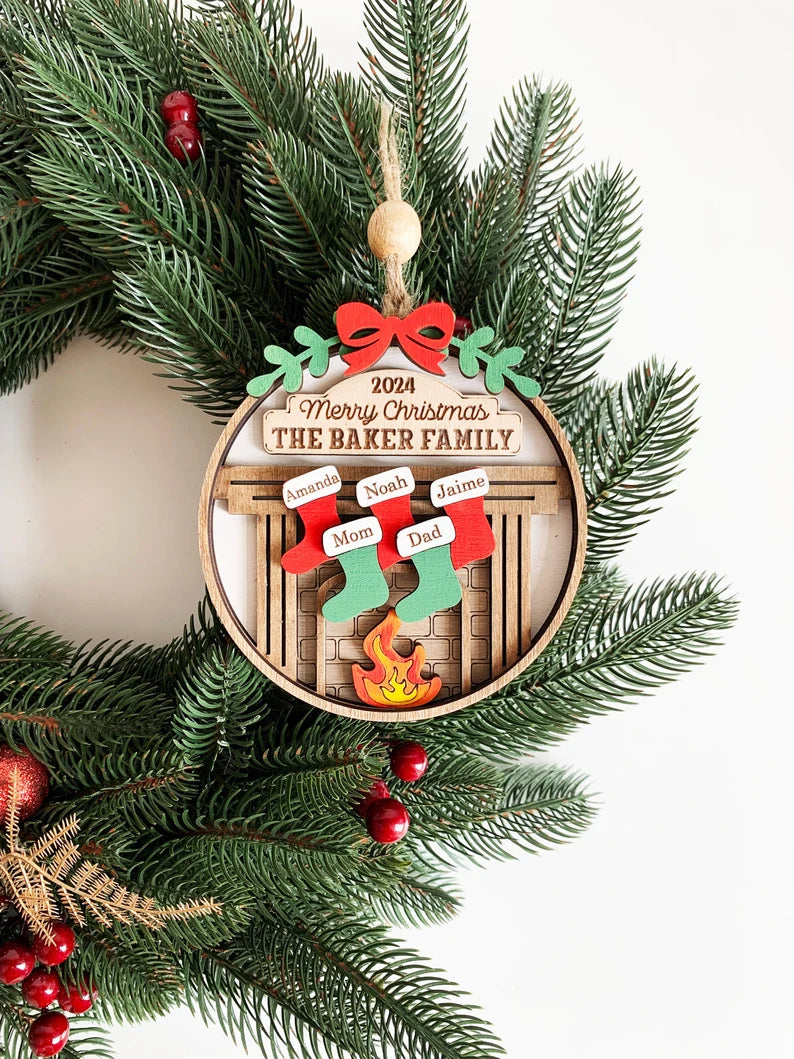 Personalized Family Christmas Ornament - Fireplace with Custom Name Stockings