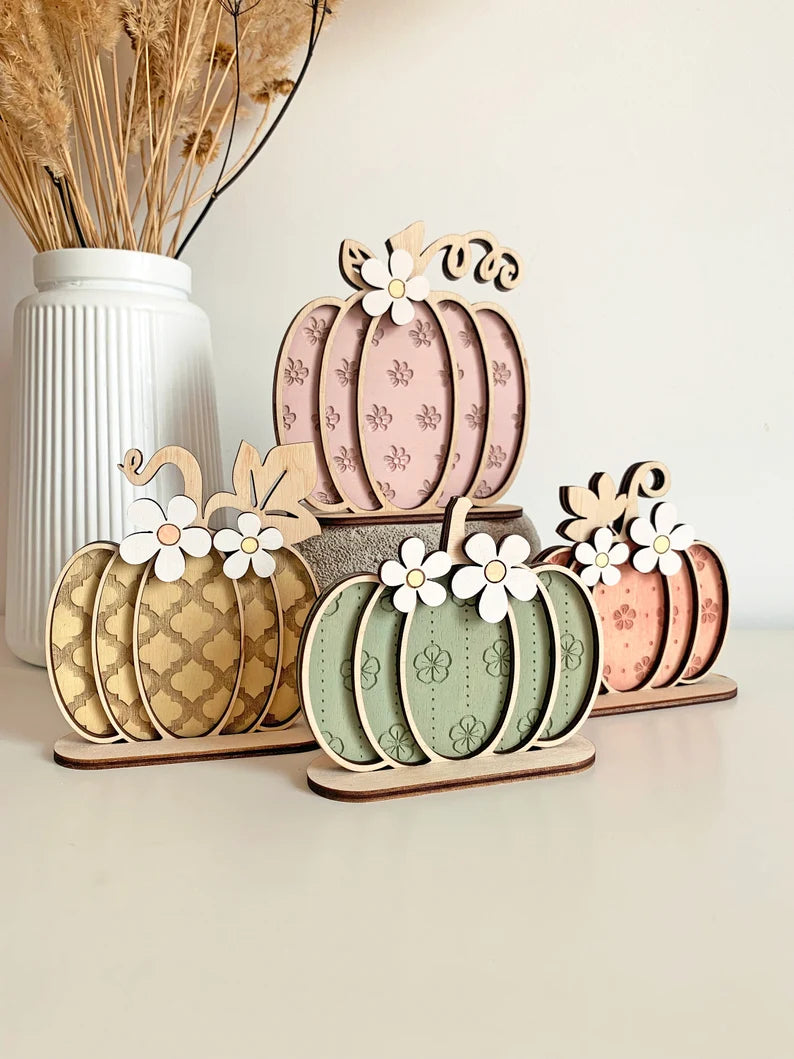 Stacked Flower Pumpkin Plaque – Floral Tiered Tray Pumpkins for Halloween & Thanksgiving Decor