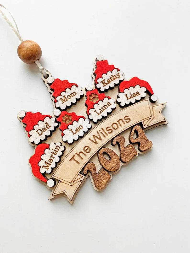 2024 Family Santa Hat Christmas Ornament – Personalized 3D Wooden Ornament with Family Names