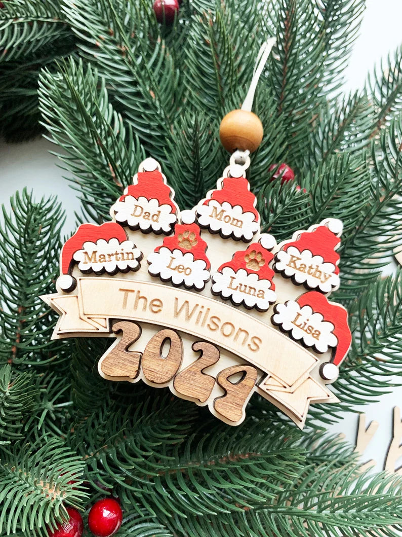 2024 Family Santa Hat Christmas Ornament – Personalized 3D Wooden Ornament with Family Names