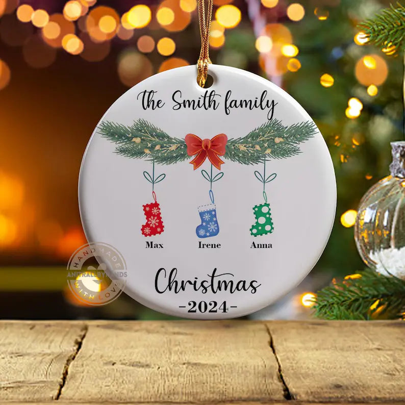 Personalized Family Christmas Stocking Ornament – Custom Ceramic Family Keepsake, Perfect Holiday Gift