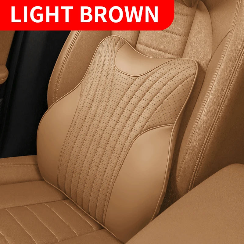 Universal Genuine Leather Neck Pillow & Lumbar Support – Anti-Slip Car Headrest Cushion for All-Season Comfort - Delicate Leather  