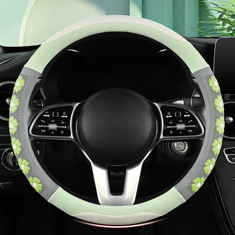 Cute Flower Design Car Steering Wheel Cover for Women - Universal Non-Slip Handle Cover - Nappa Leather & Silicone Car Accessories - Delicate Leather  