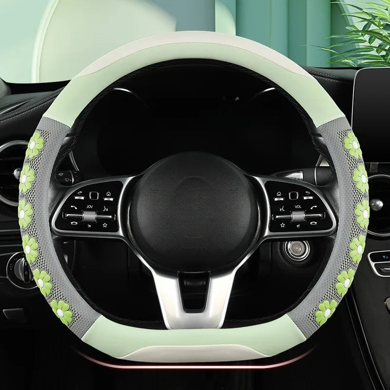 Cute Flower Design Car Steering Wheel Cover for Women - Universal Non-Slip Handle Cover - Nappa Leather & Silicone Car Accessories - Delicate Leather  