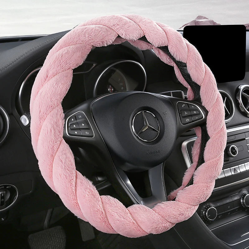 Plush Winter Steering Wheel Cover Universal – Cute Decorative Non-Slip Handle Cover for Car Interior - Delicate Leather  