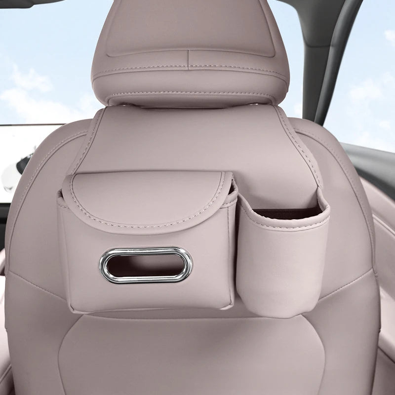 Leather Car Headrest Storage Bag – Backseat Hanging Organizer with Tissue & Cup Holder - Delicate Leather  