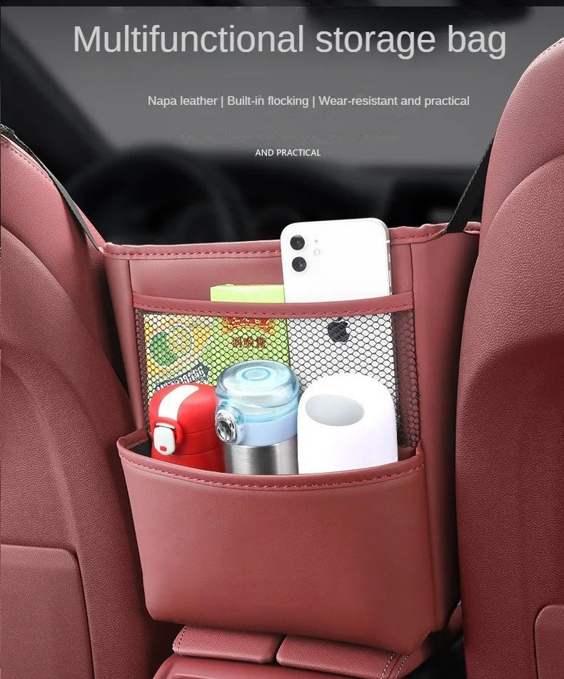 Multifunctional PU Leather Car Seat Middle Storage Bag: Armrest Hanging Organizer with Net Pocket, Cup Holder, and Tissue Storage for Handbags