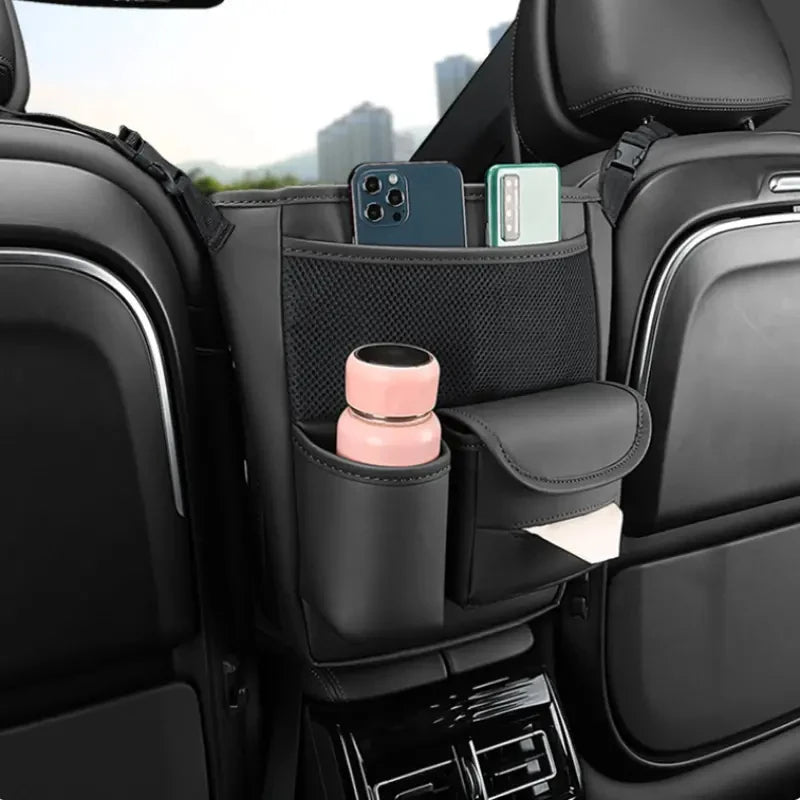 Car Seat Middle Hanger Storage Bag Leather Car Seat Back Organizer with Net Pocket for Water Cup and Tissue Holder