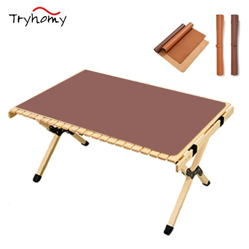 Table Mat Camping Wood Roll Table Mat PU Leather Thicken Waterproof Heat-Resistant Wooden Desk Pad For Outdoor Picnic BBQ