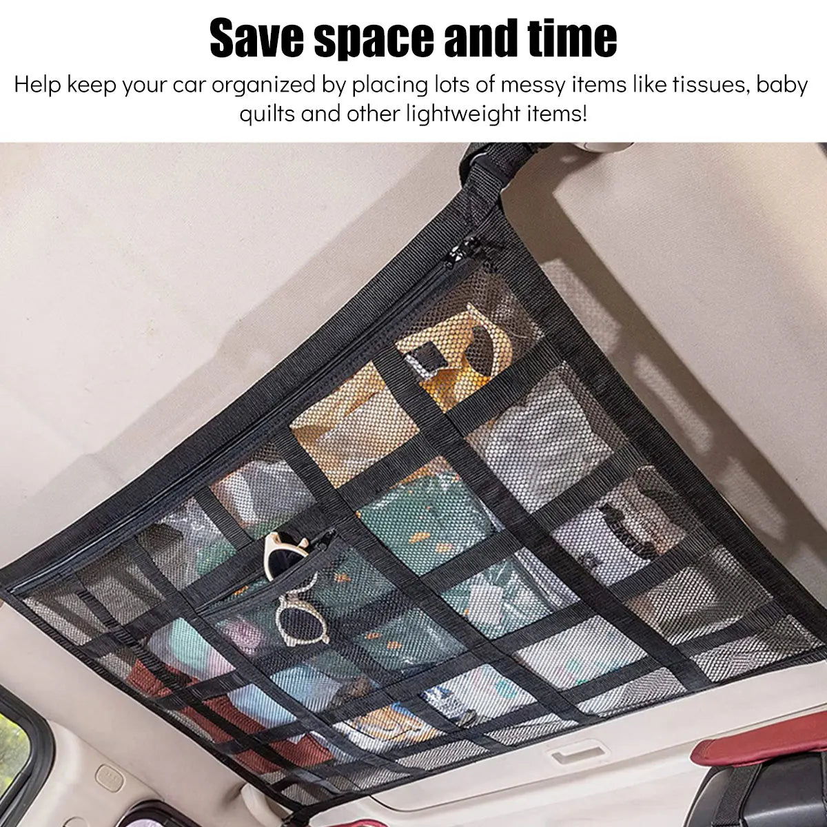 Car Ceiling Cargo Net and Net Pocket Kit, Car Roof Storage Organizer,Truck SUV Travel Long Road Trip Camping Interior Accessories