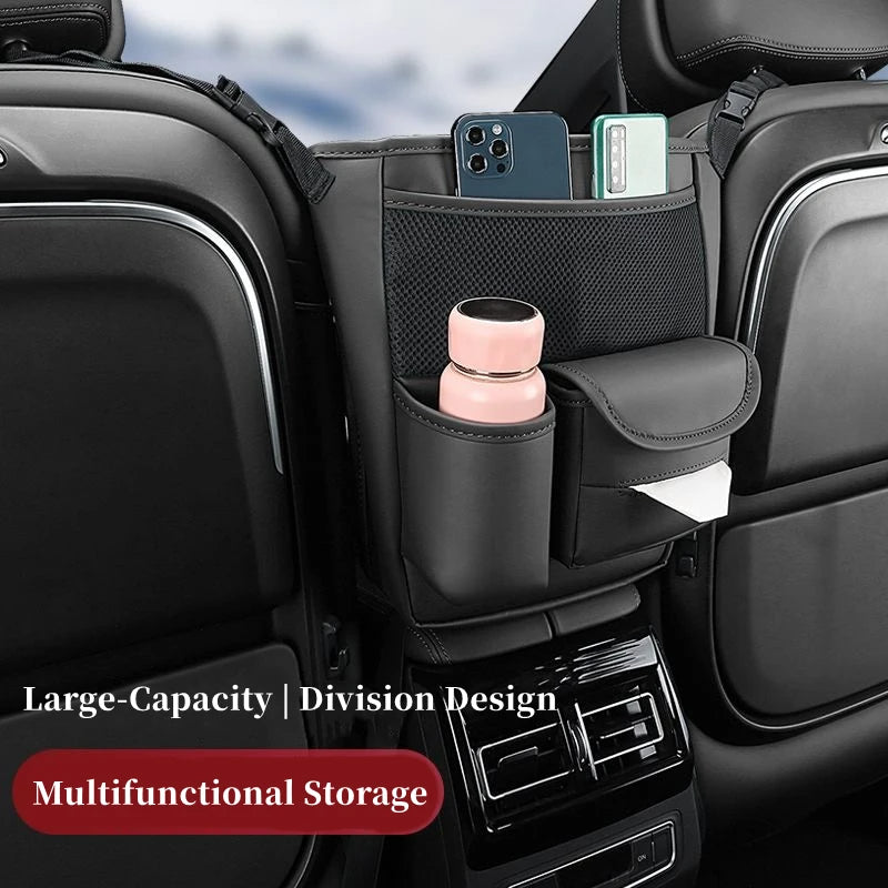 Car Seat Middle Hanger Storage Bag Leather Car Seat Back Organizer with Net Pocket for Water Cup and Tissue Holder