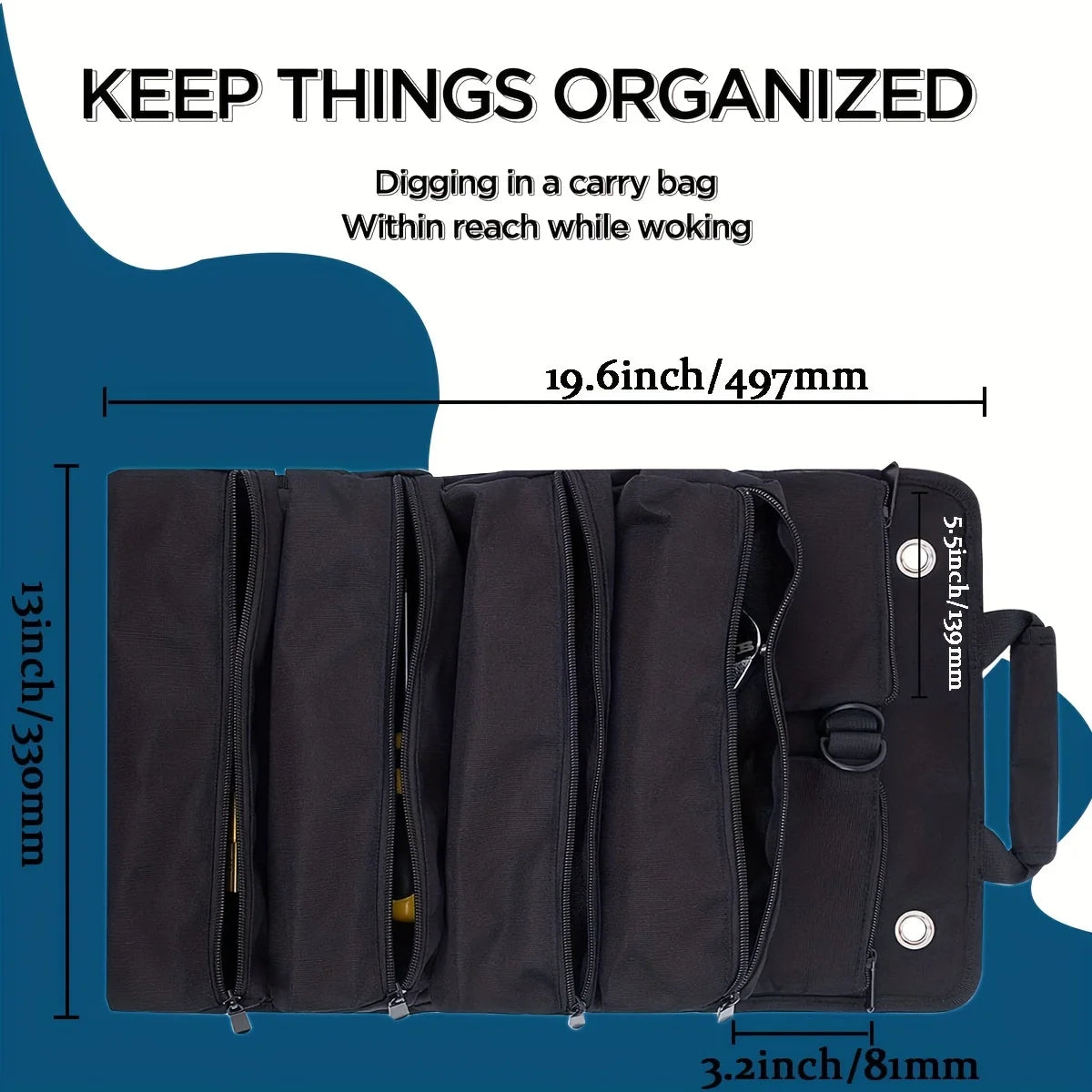 Heavy Duty Roll-Up Tool Bag Organizer: Small Tool Bag with Detachable Pouches, Includes 6 Tool Pouches for Efficient Tool Organization