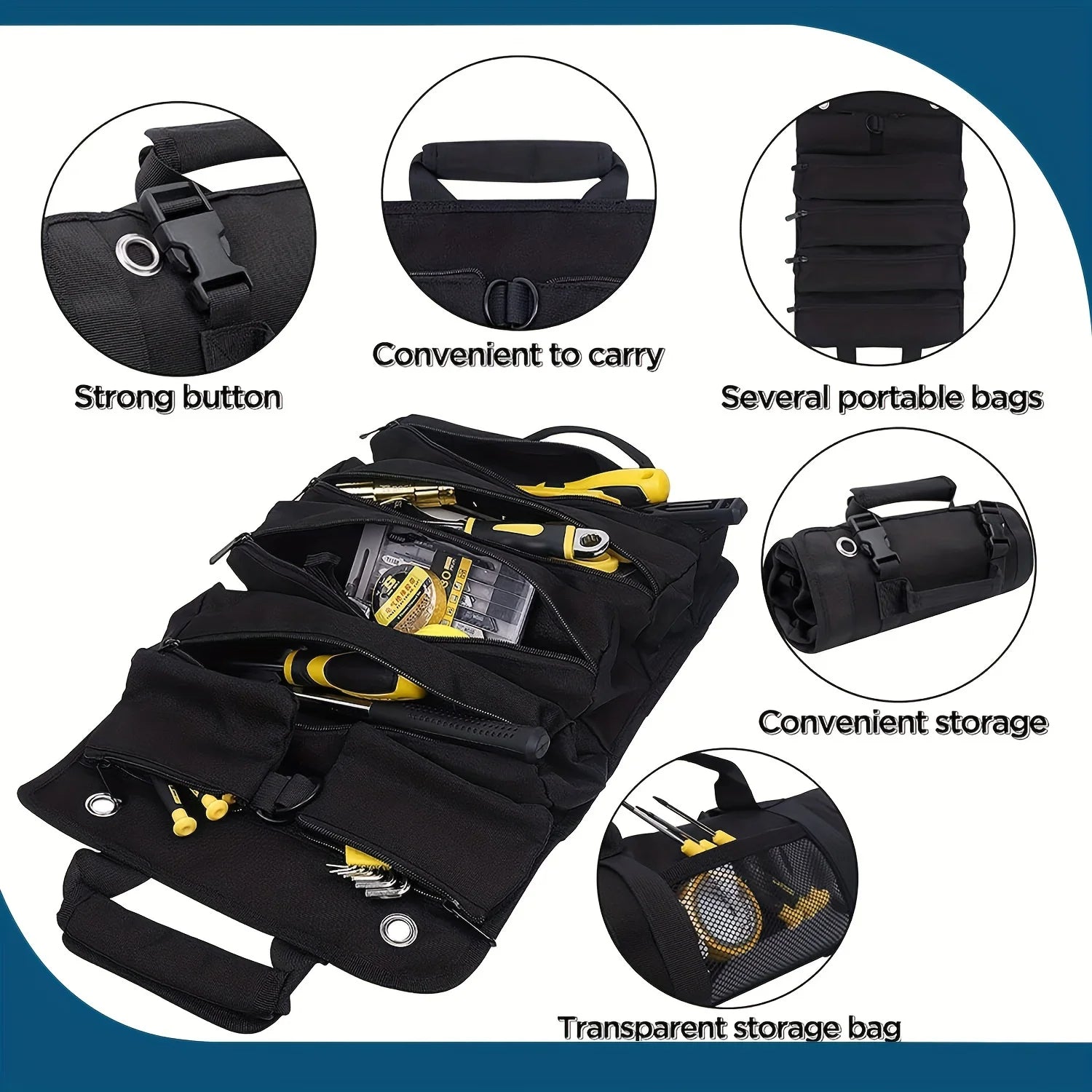 Heavy Duty Roll-Up Tool Bag Organizer: Small Tool Bag with Detachable Pouches, Includes 6 Tool Pouches for Efficient Tool Organization