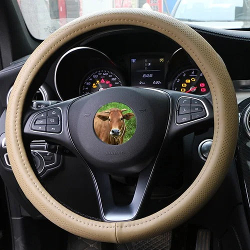 Leather Car Steering Wheel Cover - Wavy Line Design with Silica Gel Liner