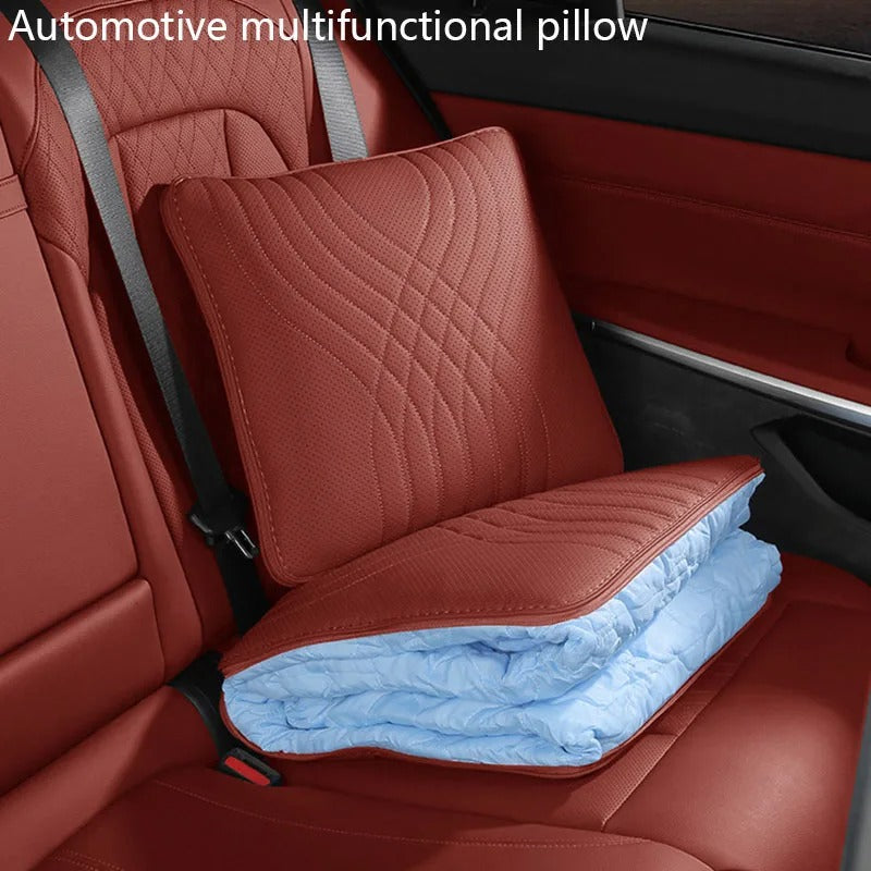 Multi-Functional Car Pillow & Blanket – Leather Lumbar Support Cushion with Hidden Quilt