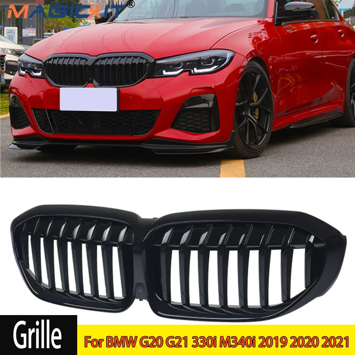 Gloss Black Single Bar Front Kidney Grille for BMW 3 Series G20/G21 (2019-2021)