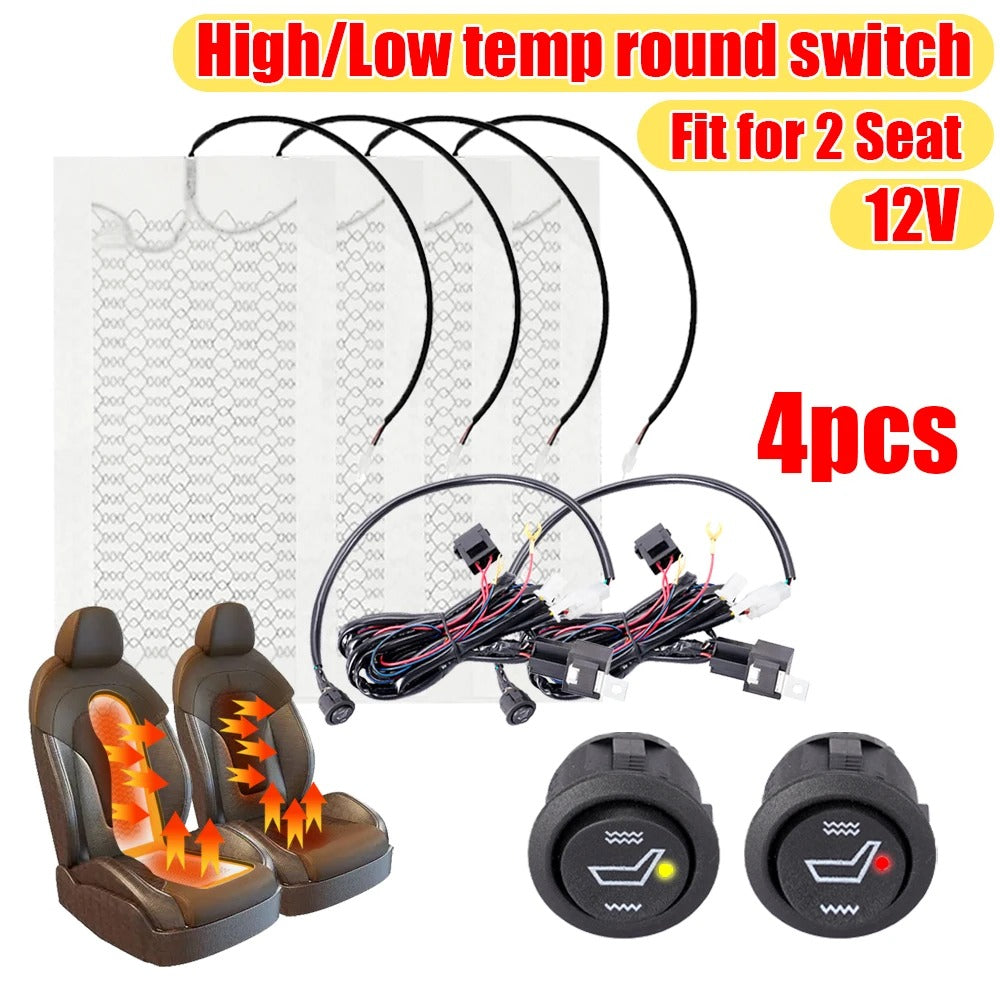 12V Auto Seat Heater Pads - Carbon Fiber Heating Pads with Round Switch for Winter Warmth (2Pcs/4Pcs Set)