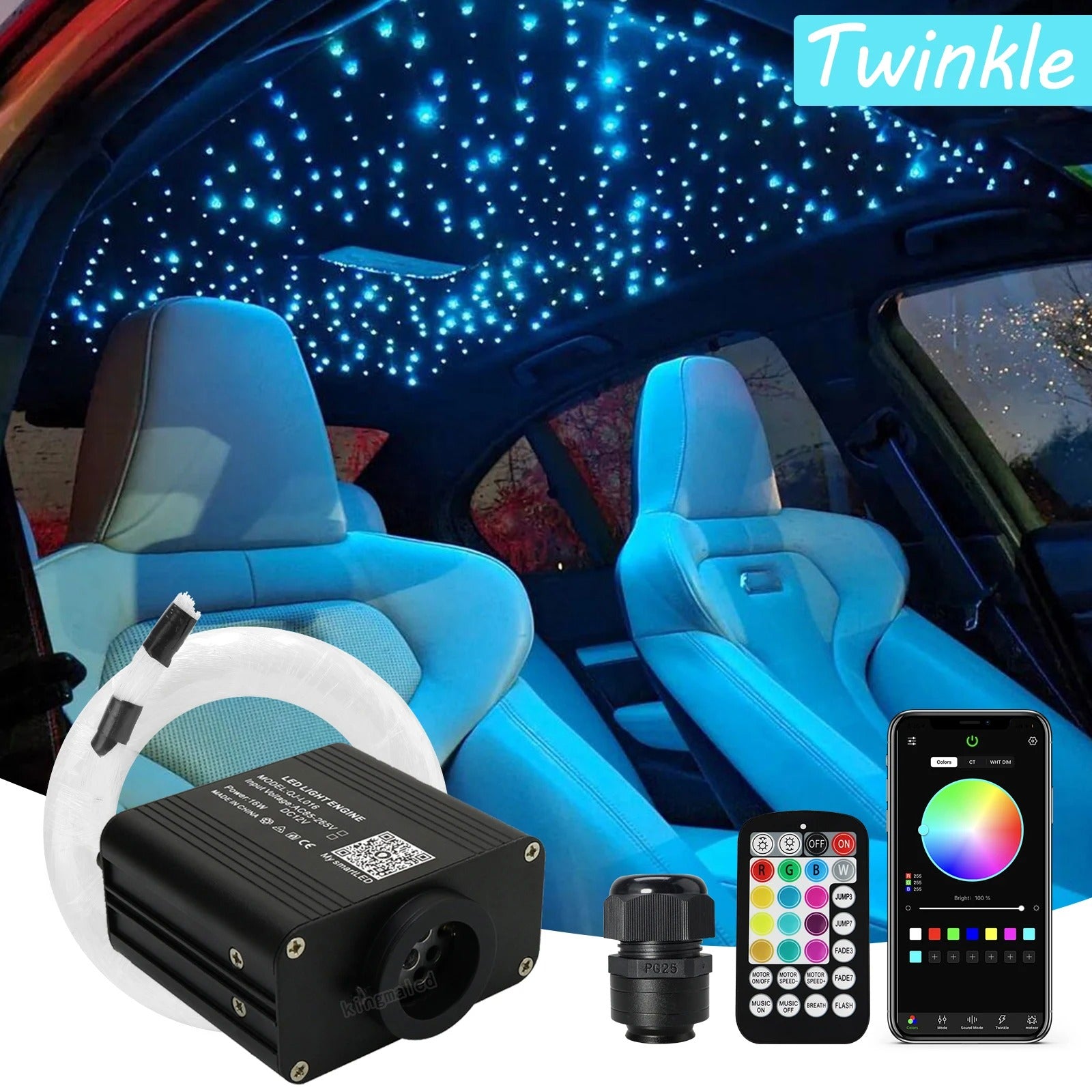 16W Twinkle RGBW Fiber Optic Star Ceiling Lights Kit - Smart App & Sound Control LED Engine for Car Starry Sky Effect