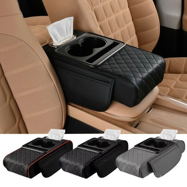 Thick Car Center Console Armrest Cushion with Tissue Box, Cup Holder, and Side Extension – Portable Car Pillow Armrest Pad - Delicate Leather