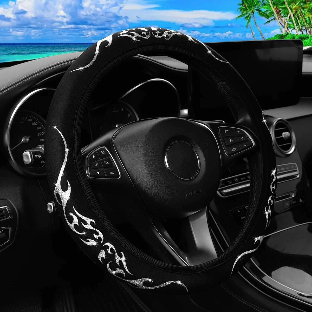 Pink & Silver Totem Cloth Steering Wheel Cover – No Inner Ring | Universal 15 Inch Fit | Stylish Car Interior for Men & Women