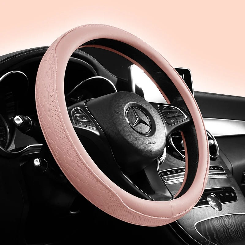 Nappa Leather Perforated Patchwork Steering Wheel Cover – Non-slip, Breathable, Universal 15 Inch (38.1 cm)