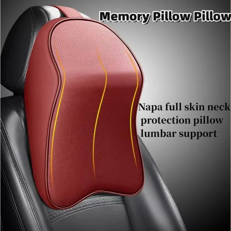 3D Nappa Leather Memory Foam Car Neck Pillow – Pain Relief & Travel Neck Support