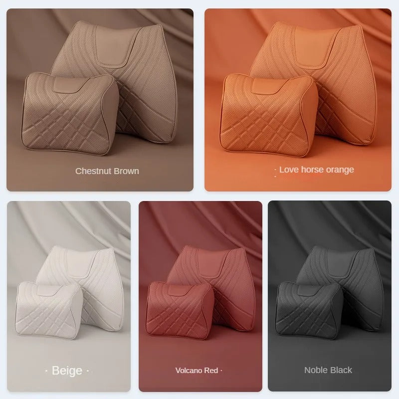Leather Car Headrest & Lumbar Pillow Set – Memory Foam Neck and Waist Support