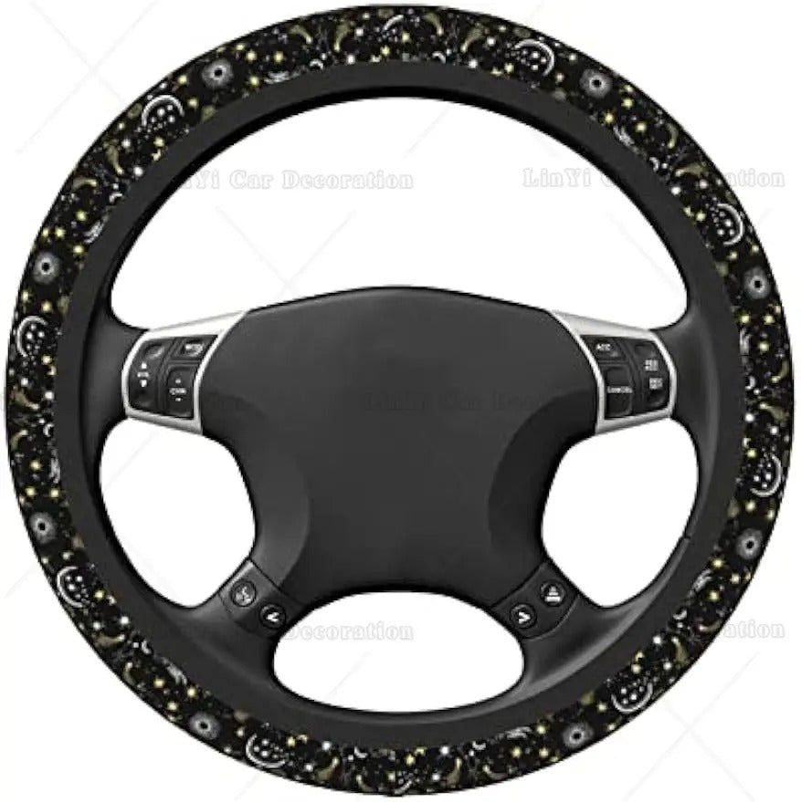 Starry Sky and Feathers Steering Wheel Cover, Shooting Star steering wheel cover , full grip fabric inside, White on black fabric, Glows in the dark , Car Accessories 23