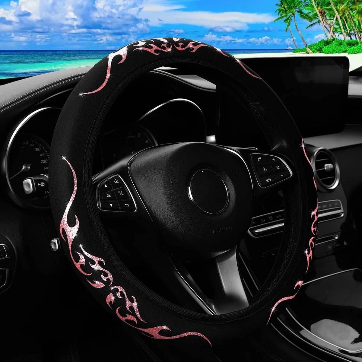 Pink & Silver Totem Cloth Steering Wheel Cover – No Inner Ring | Universal 15 Inch Fit | Stylish Car Interior for Men & Women