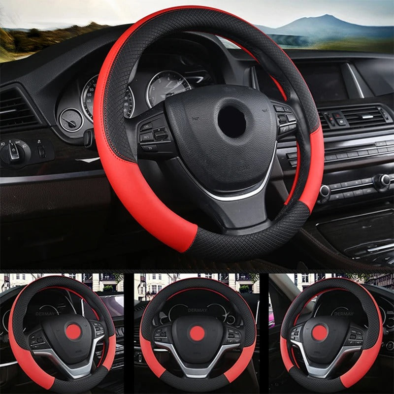 Universal 37-38cm Faux Leather Car Steering Wheel Cover - Breathable Interior Auto Accessory
