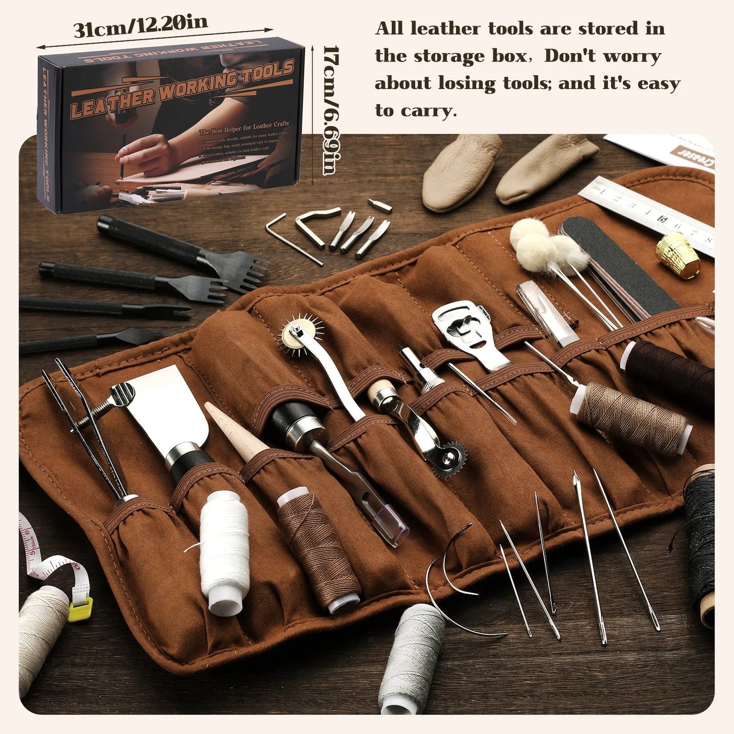 55PCS Leather Working Tools Set – Complete Kit with Stitching Groover, Beveler, Sewing Thread, and More