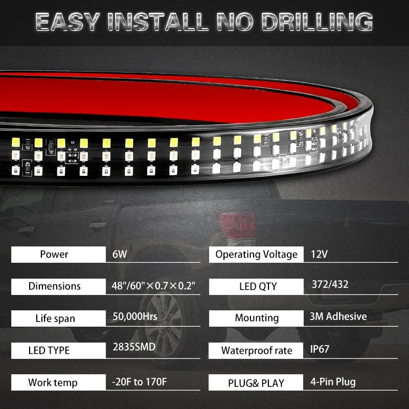 48/60-Inch LED Tailgate Light Bar - Running, Brake, Turn Signal, Reverse Light for Trucks, SUVs, and Pickups