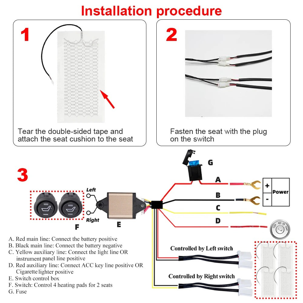 12V Auto Seat Heater Pads - Carbon Fiber Heating Pads with Round Switch for Winter Warmth (2Pcs/4Pcs Set)