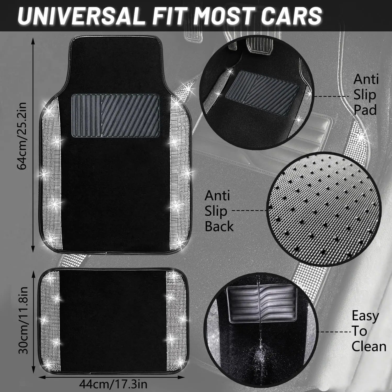 4Pcs Bling Car Floor Mats Set – Universal Fit Sparkle Diamond Glitter Carpets for Women | Anti-Slip Car Interior Mat for Cars & SUVs