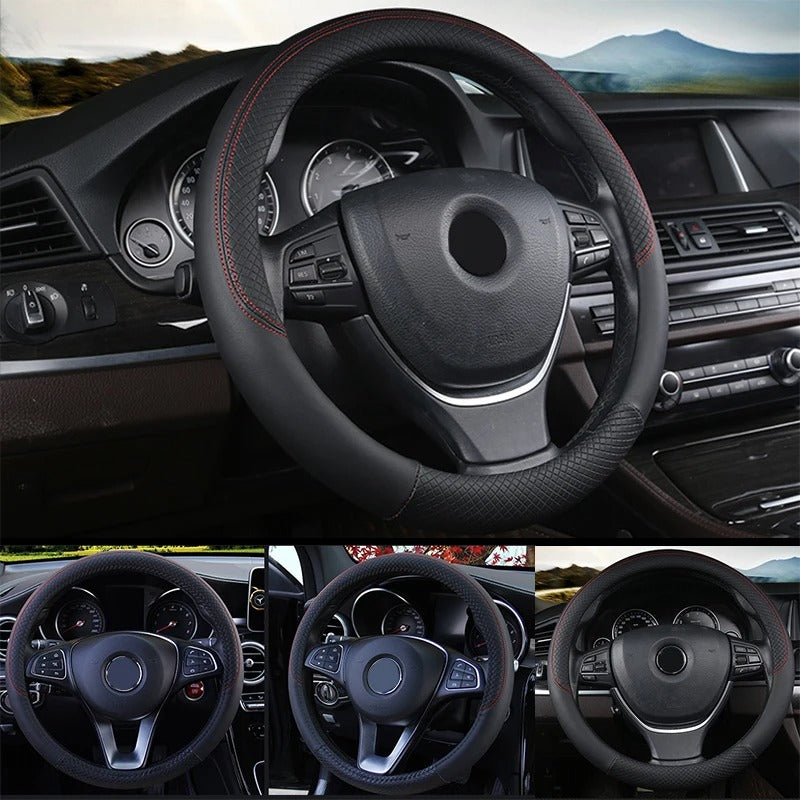 Universal 37-38cm Faux Leather Car Steering Wheel Cover - Breathable Interior Auto Accessory