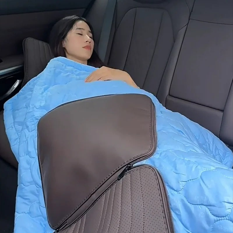 Multi-Functional Car Pillow & Blanket – Leather Lumbar Support Cushion with Hidden Quilt