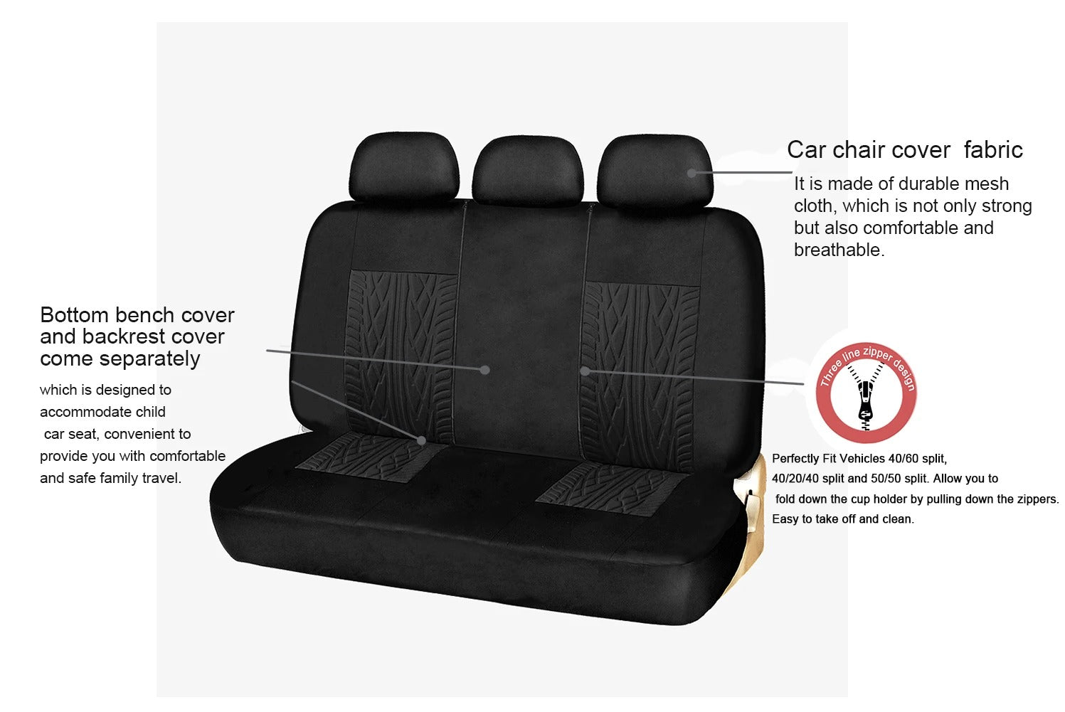 Embroidery Car Seat Covers Set – Universal Fit for Most Cars, Trucks, SUVs, and Vans, Front & Rear Protector, Black Polyester