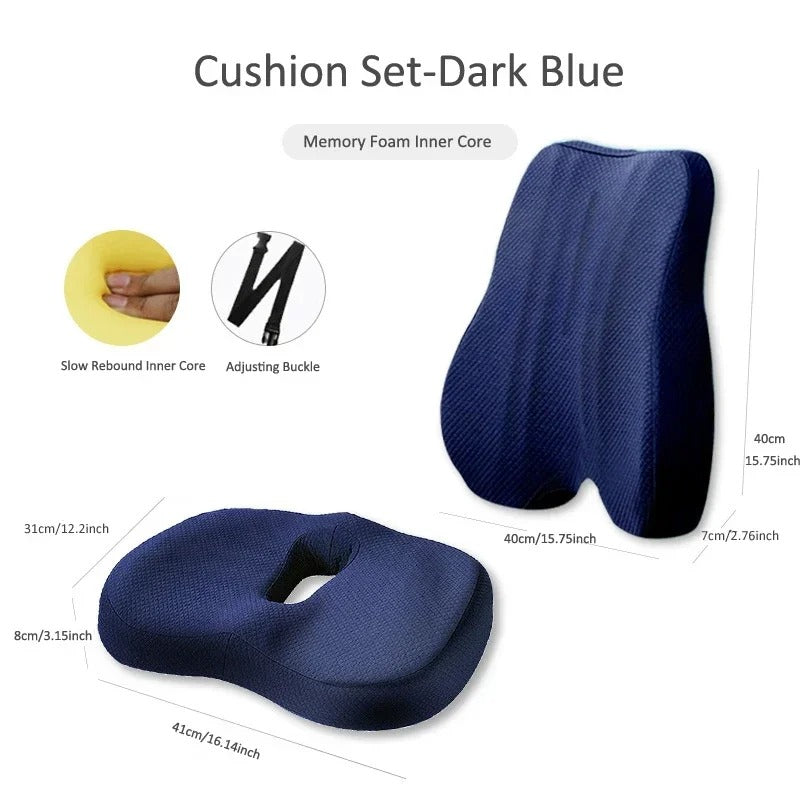 Memory Foam Seat Cushion & Back Support Pillow Set – Ergonomic Coccyx Relief for Office Chair & Car