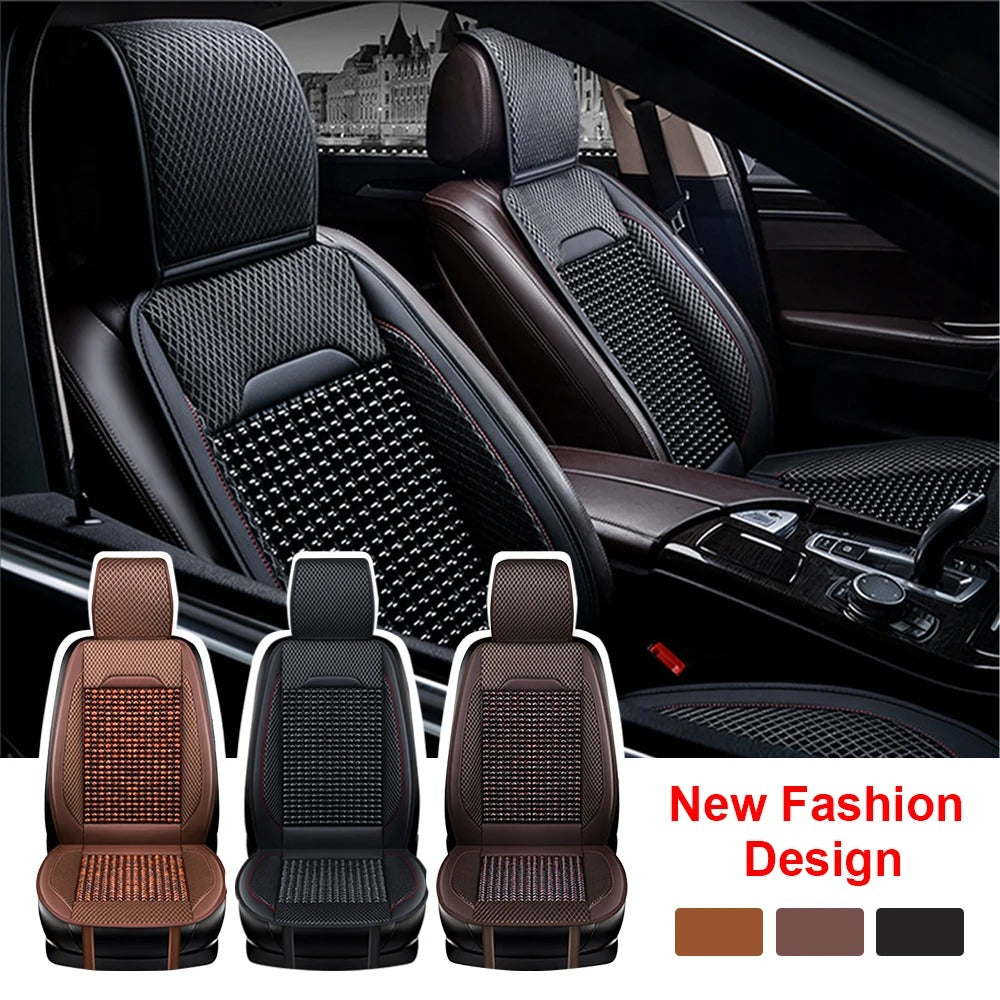 PU Leather Universal Car Seat Cover with Bamboo Beads – Breathable Cooling Front Seat Cushion Protector, Waterproof & Comfortable, for All Seasons