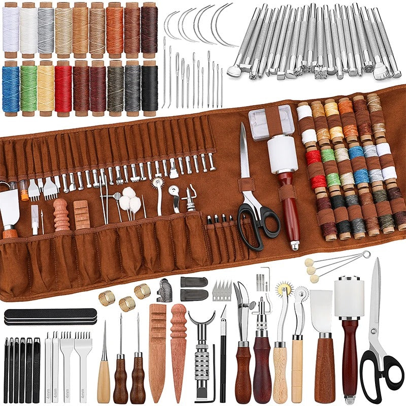 92-Piece Leather Working Kit - Comprehensive Craft Tools with Sewing Thread, Needles, Groover, and More