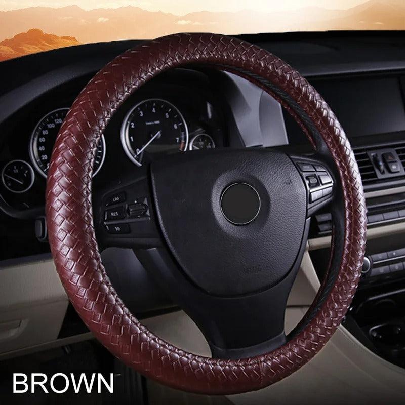 Universal Braided PU Leather Steering Wheel Cover – 14.5-15 Inch Woven Design Protector