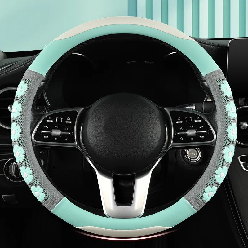 Cute Flower Design Car Steering Wheel Cover for Women - Universal Non-Slip Handle Cover - Nappa Leather & Silicone Car Accessories - Delicate Leather  