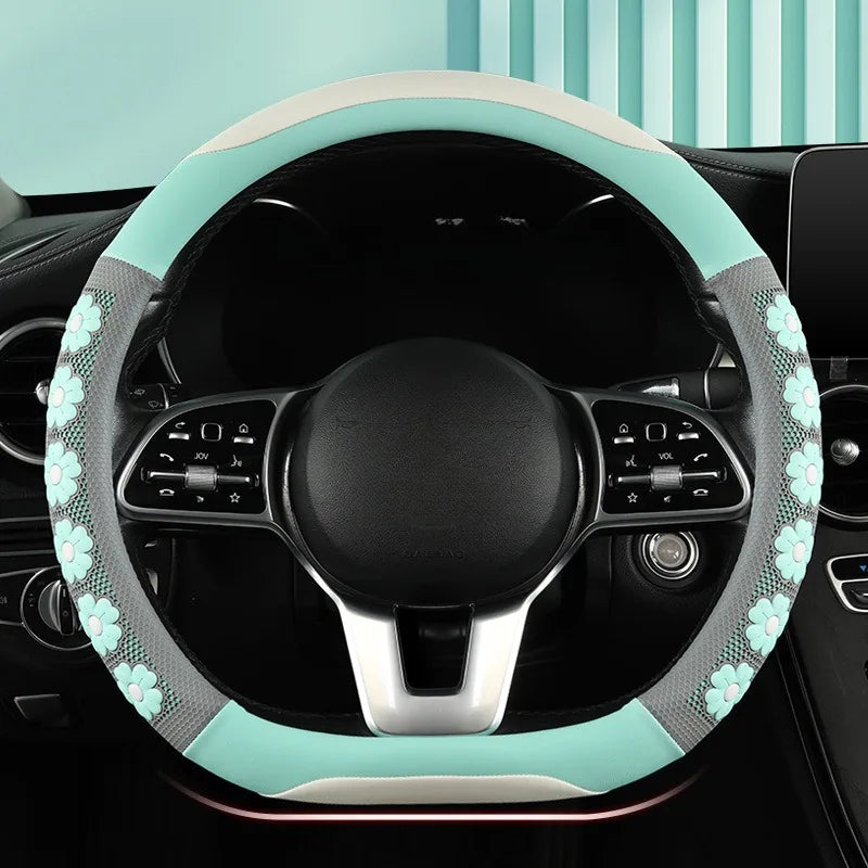 Cute Flower Design Car Steering Wheel Cover for Women - Universal Non-Slip Handle Cover - Nappa Leather & Silicone Car Accessories - Delicate Leather  