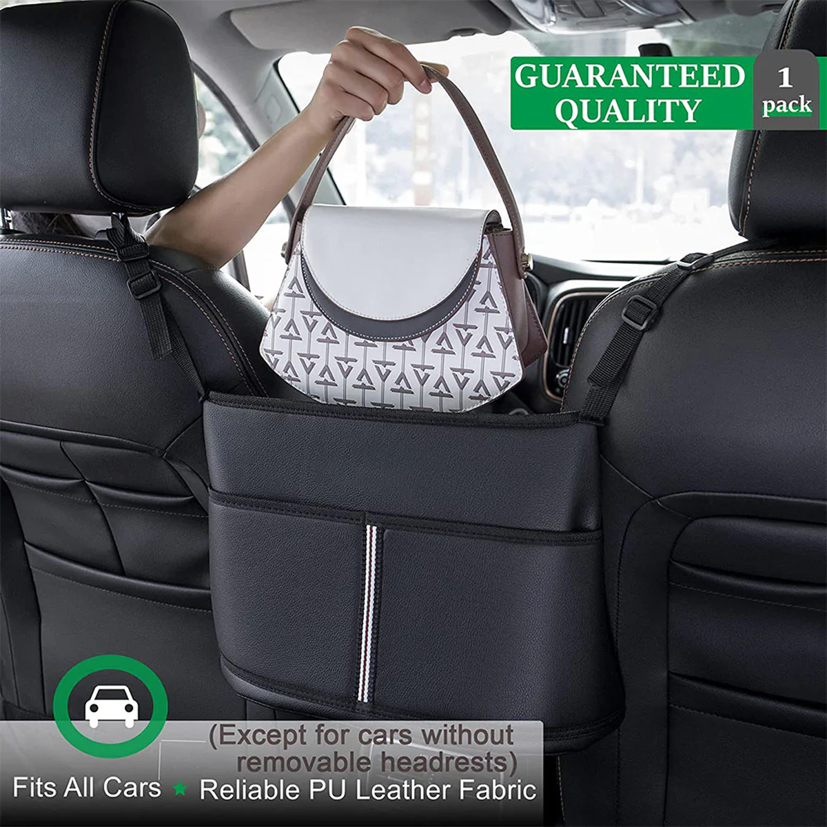 Car Purse Holder for Car Handbag Holder Between Seats Premium PU Leather, Custom Fit For Cars, Hanging Car Purse Storage Pocket Back Seat Pet Barrier DLAC223