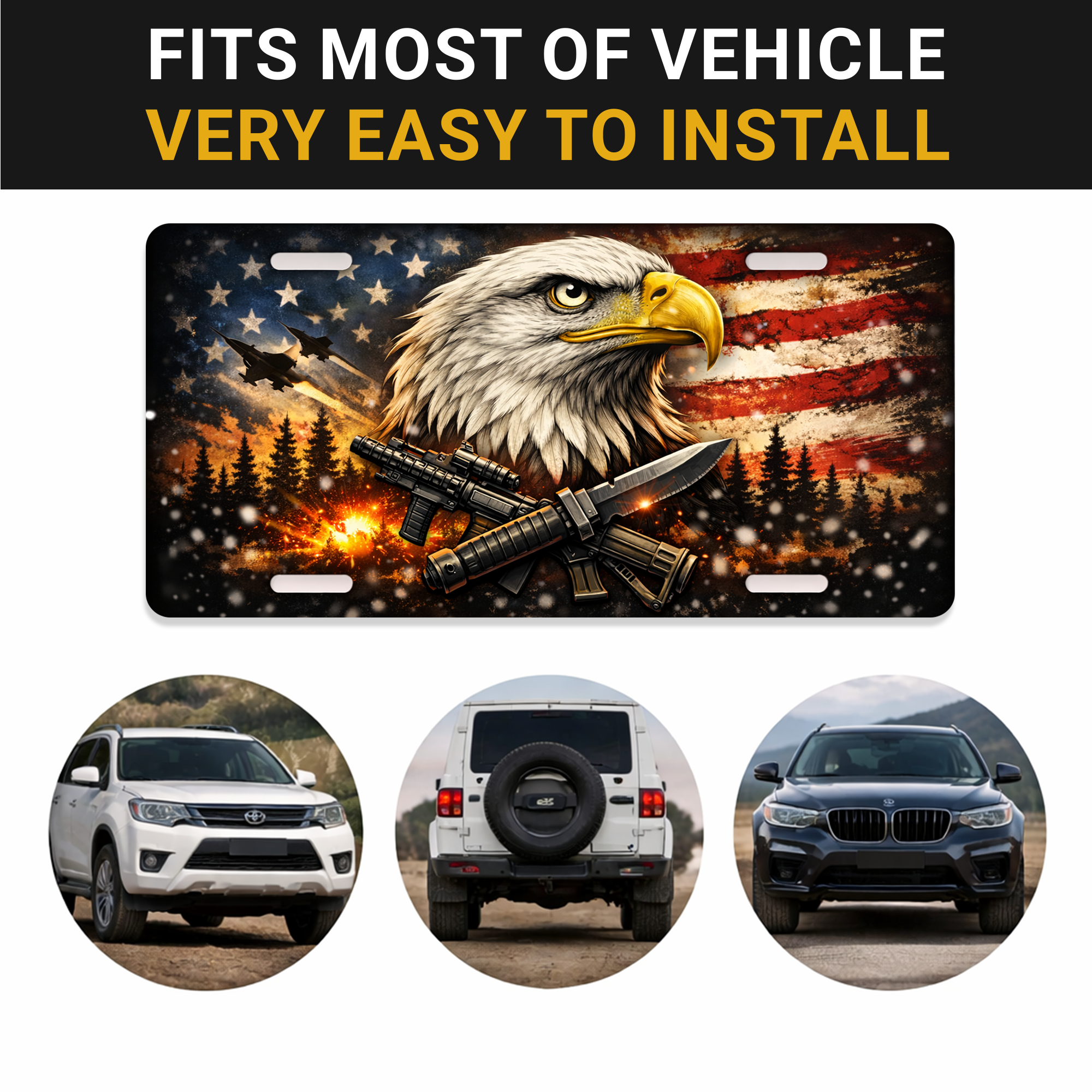 2D Eagle America 250Th Anniversary Pattern License Plate Frame – Waterproof Aluminum Decorative Plate Cover - Delicate Leather  